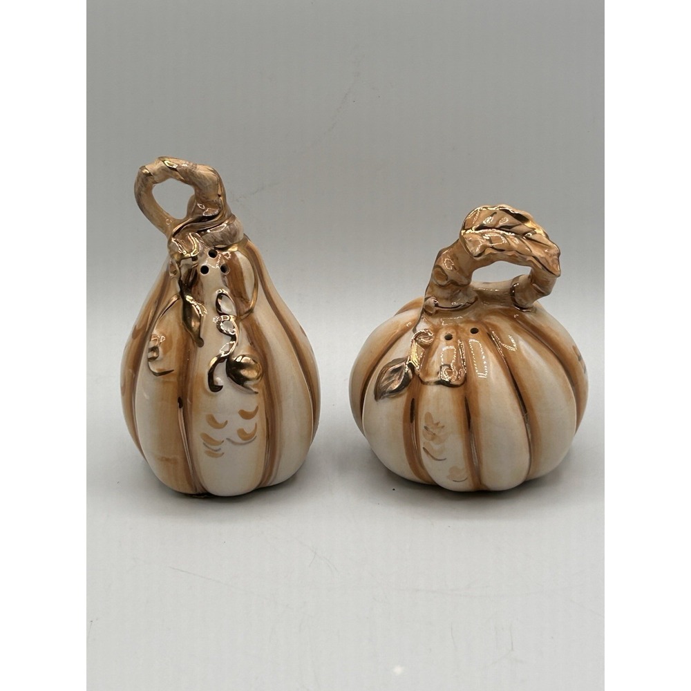 Blue‎ Sky Pumpkin Gourd Salt Pepper Shakers Ivory Gold White Thanksgiving